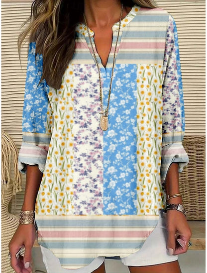 Women's Blouse Floral Stylish Modern Long Sleeve V Neck Regular Tops Daily Holiday Print Black White Summer