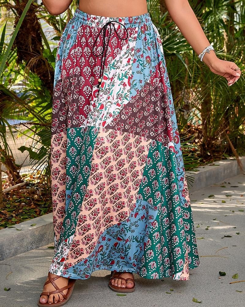 Women's Skirt Casual Boho Maxi Mid Rise Skirts Floral Print Micro-elastic Vacation Street Red Blue Summer Polyester