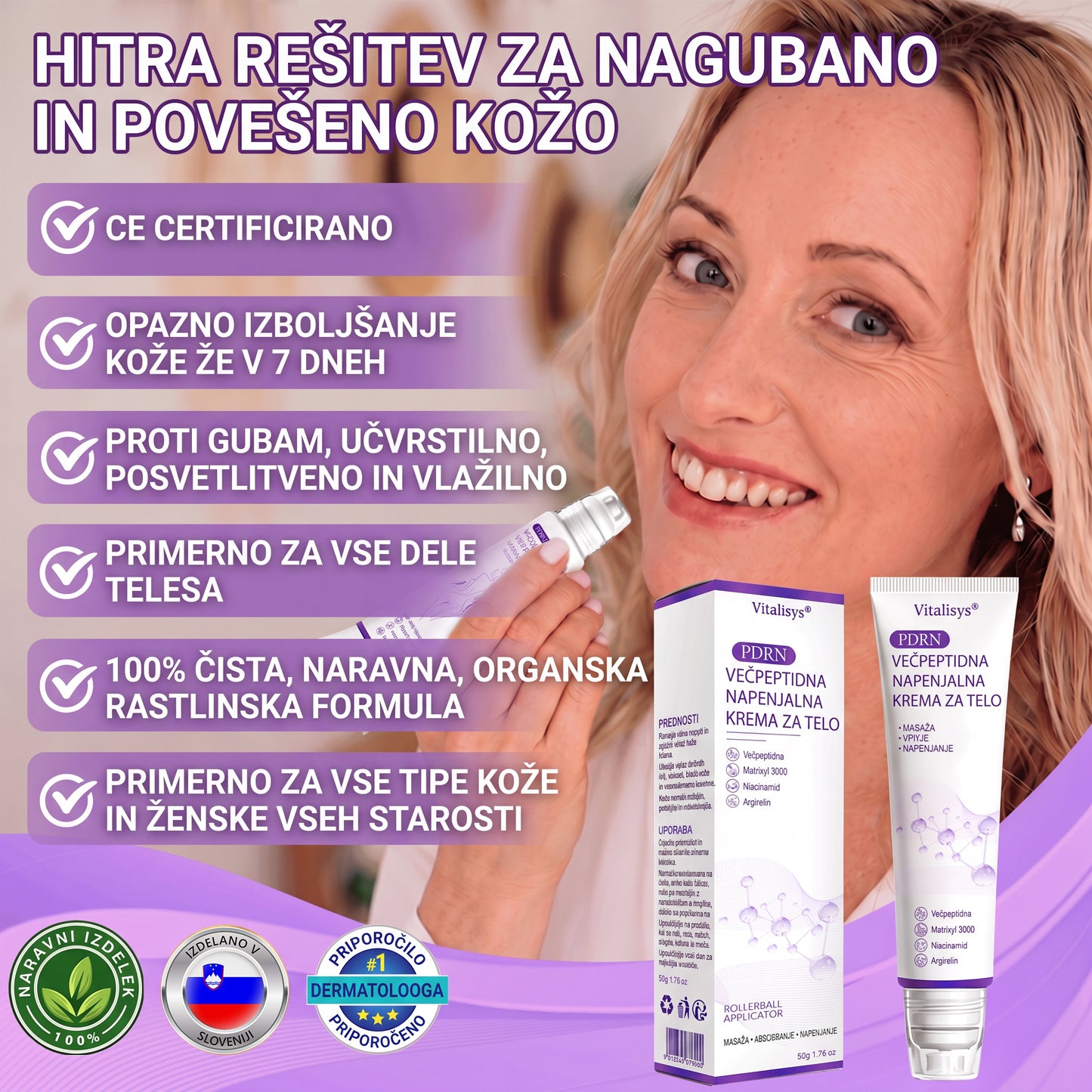 🇸🇮 Dermatološko priporočeno🥇 | 🍇Vitalisys® PDRN multi-peptidna masažna telesna kreme – Proti staranju, vlažilna, učvrstitvena, obbujevalna, izravnalna, za odstranjevanje aken in madežev, odstranjevanje bradavic in materinih znamenj, lajšanje luskavice.❤️