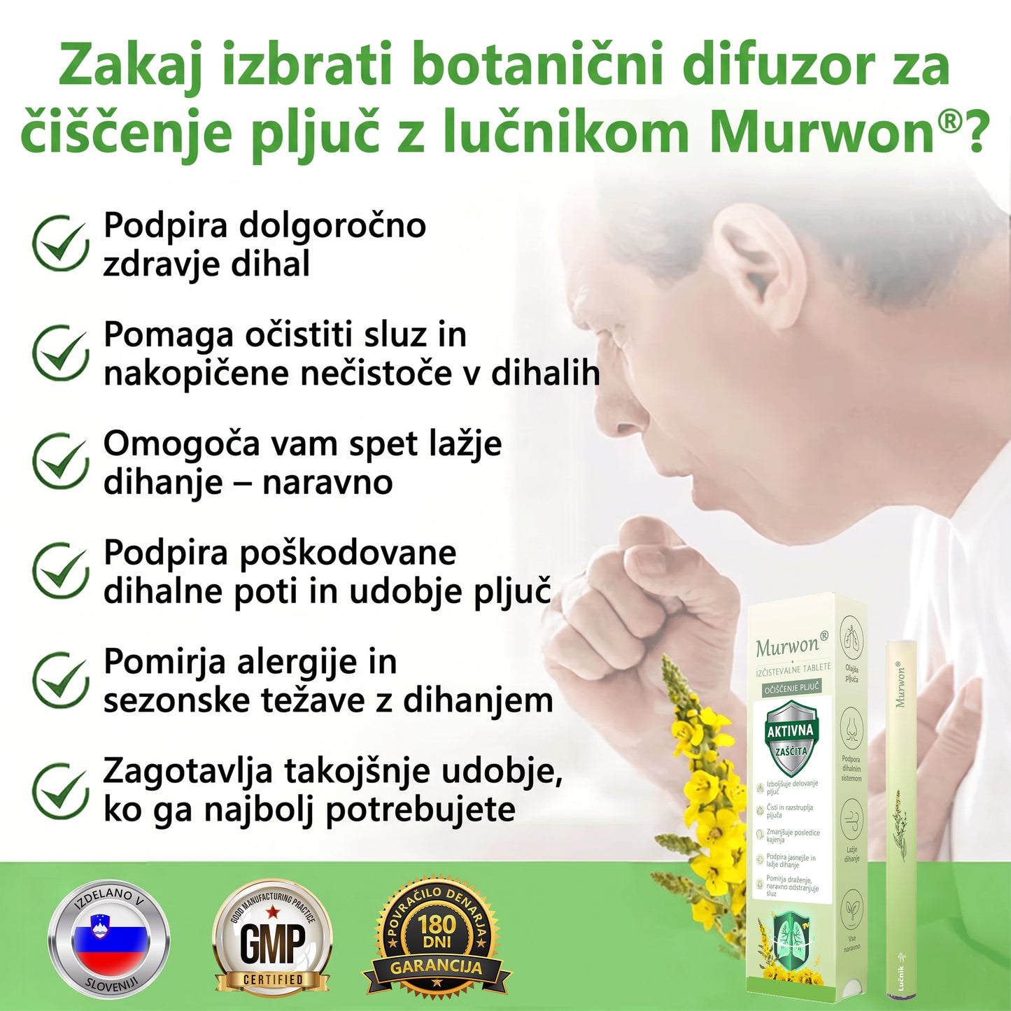 Vrhunski slovenski izdelek z domačo dostavo 🥇 Murwon® zeliščni parni inhalator za čiščenje pljuč 🍋 (👨‍⚕️ Učinkovita pomoč pri kašlju, vnetju grla, težkem dihanju, nastajanju sluzi, zamašenem nosu, bronhitisu, alergijskih simptomih in težavah s pljuči) ❤️