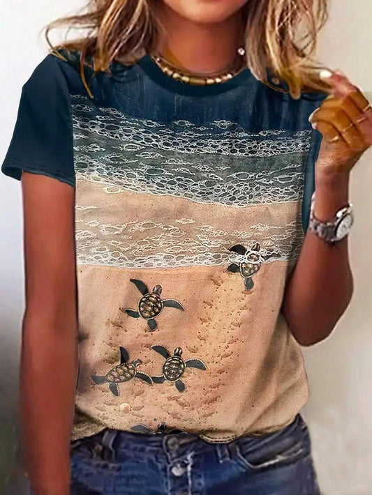 Women's T Shirt Ocean Casual Short Sleeve Round Neck Regular Tops Daily Print Blue Summer Spring