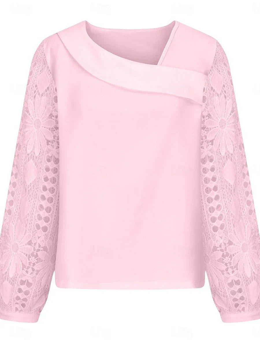 Women's White Elegant Lace Tops Eyelet Blouse Casual Solid Color Regular Tops Long Sleeve Asymmetrical Lace Patchwork Regular Fit Daily Black White Pink Romantic Petite Tops Summer Holiday Wear