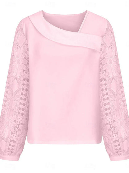 Women's White Elegant Lace Tops Eyelet Blouse Casual Solid Color Regular Tops Long Sleeve Asymmetrical Lace Patchwork Regular Fit Daily Black White Pink Romantic Petite Tops Summer Holiday Wear