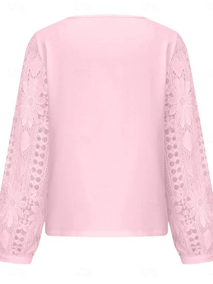 Women's White Elegant Lace Tops Eyelet Blouse Casual Solid Color Regular Tops Long Sleeve Asymmetrical Lace Patchwork Regular Fit Daily Black White Pink Romantic Petite Tops Summer Holiday Wear